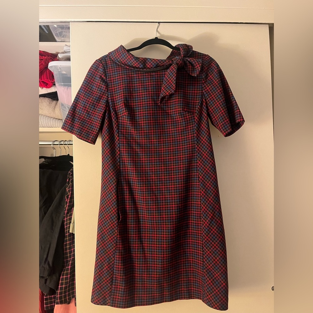 Red Plaid Mini Delilah Dress roll neck bow houndstooth Trina Turk size 6